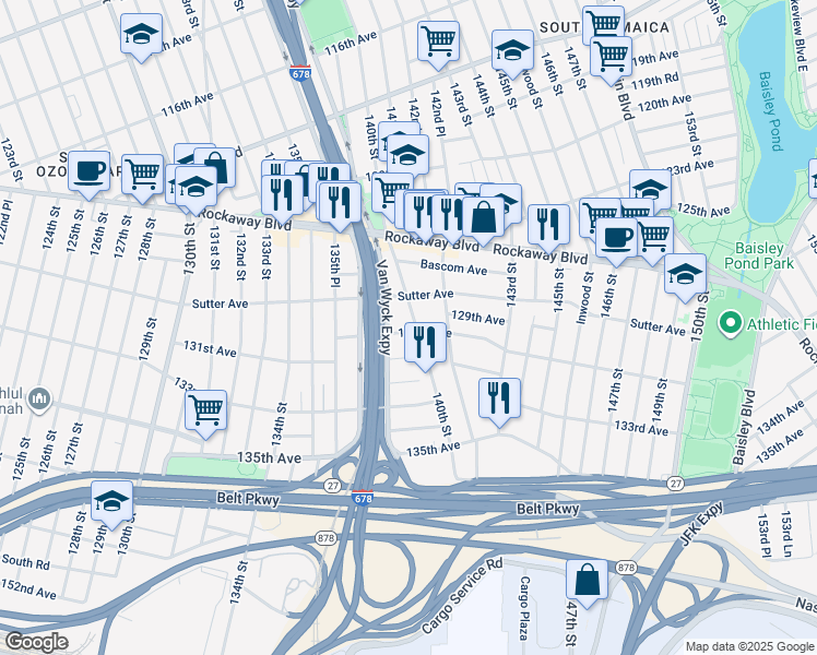 map of restaurants, bars, coffee shops, grocery stores, and more near 137-17 131st Avenue in Queens