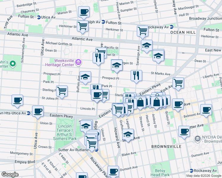 map of restaurants, bars, coffee shops, grocery stores, and more near 496 Howard Avenue in Brooklyn