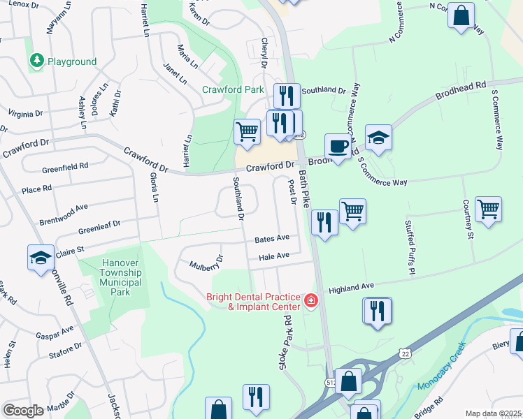 map of restaurants, bars, coffee shops, grocery stores, and more near 5431 Comfort Circle in Bethlehem