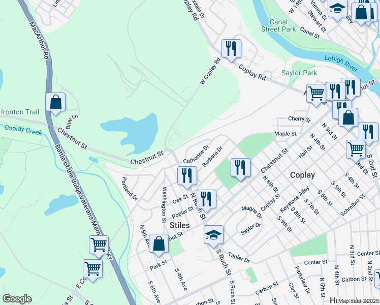 map of restaurants, bars, coffee shops, grocery stores, and more near 1071 Bernice Drive in Coplay