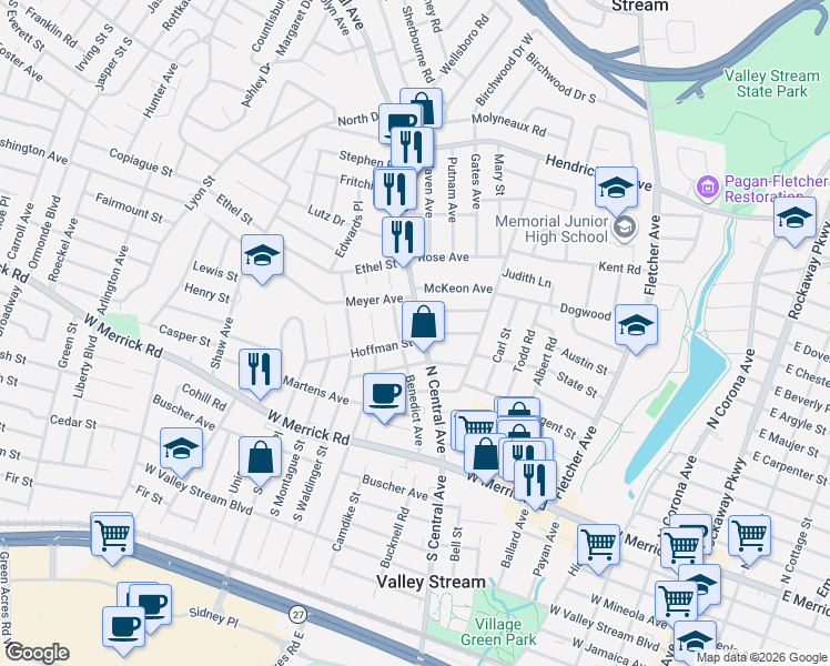 map of restaurants, bars, coffee shops, grocery stores, and more near 121 North Central Avenue in Valley Stream