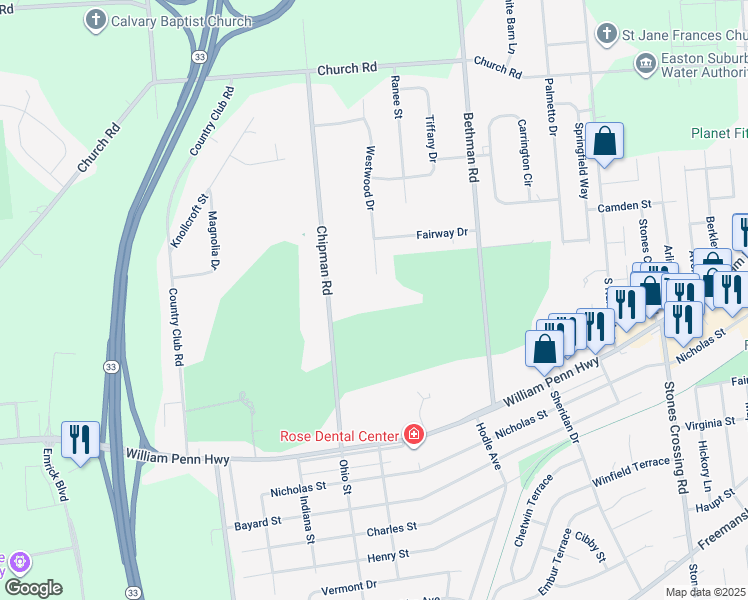 map of restaurants, bars, coffee shops, grocery stores, and more near 3502 Chipman Road in Easton