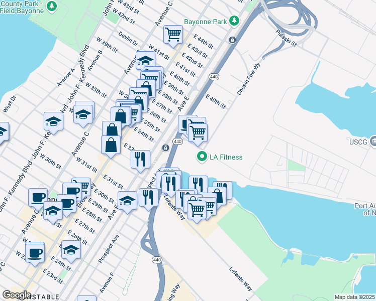 map of restaurants, bars, coffee shops, grocery stores, and more near 20 Goldsborough Drive in Bayonne