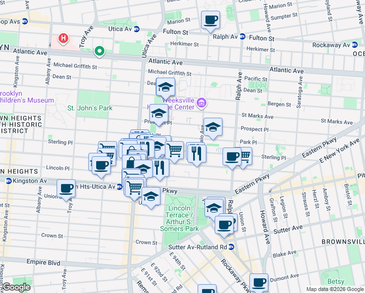 map of restaurants, bars, coffee shops, grocery stores, and more near 1561 Sterling Place in Brooklyn