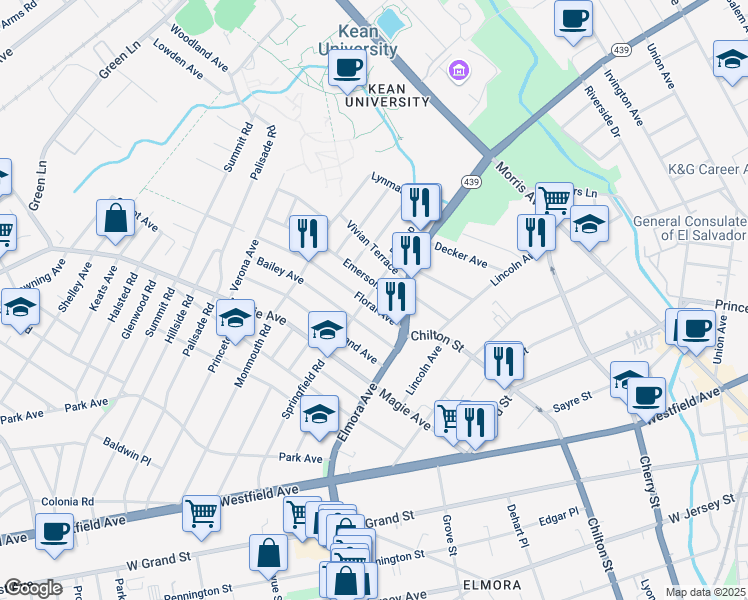 map of restaurants, bars, coffee shops, grocery stores, and more near 618 Floral Avenue in Elizabeth