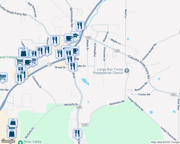 map of restaurants, bars, coffee shops, grocery stores, and more near 15926 Maple Drive in East Liverpool