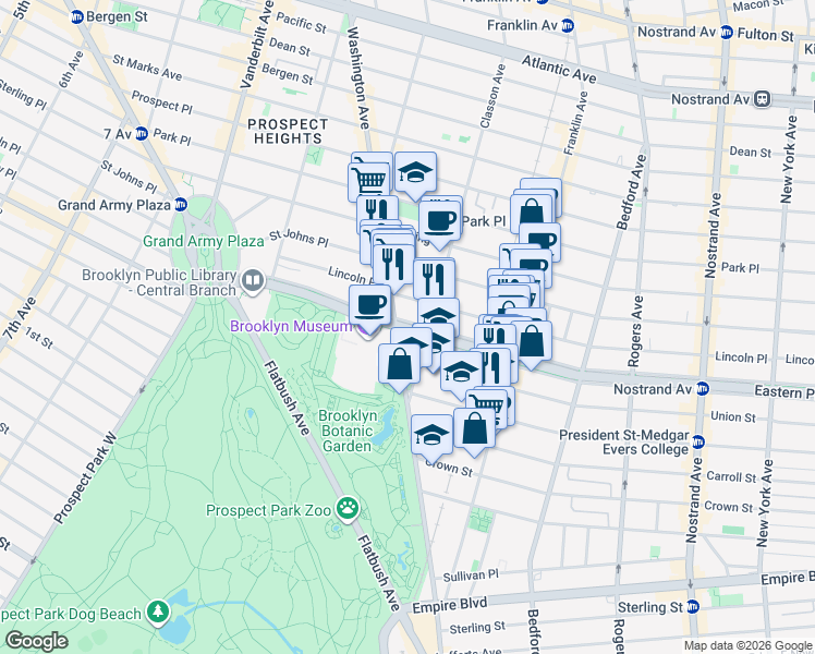 map of restaurants, bars, coffee shops, grocery stores, and more near 203 Eastern Parkway in Brooklyn