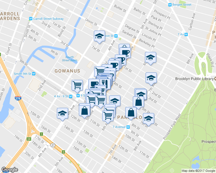 map of restaurants, bars, coffee shops, grocery stores, and more near 5th Ave & 5th St in Brooklyn