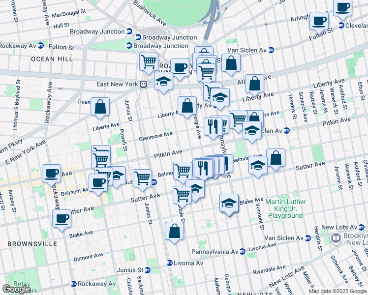map of restaurants, bars, coffee shops, grocery stores, and more near 289 Williams Ave in Brooklyn