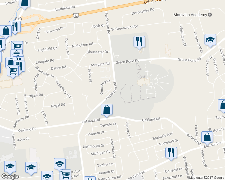 map of restaurants, bars, coffee shops, grocery stores, and more near 3411 Drighton Court in Bethlehem