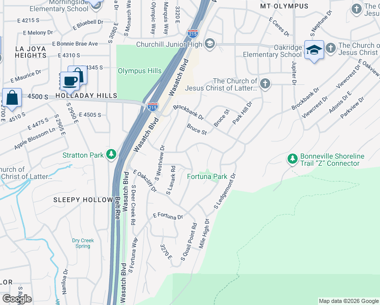 map of restaurants, bars, coffee shops, grocery stores, and more near 4596 South Idlewild Road in Salt Lake City