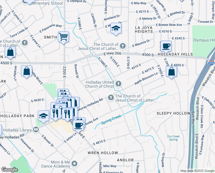 map of restaurants, bars, coffee shops, grocery stores, and more near 2611 East Murray Holladay Road in Salt Lake City