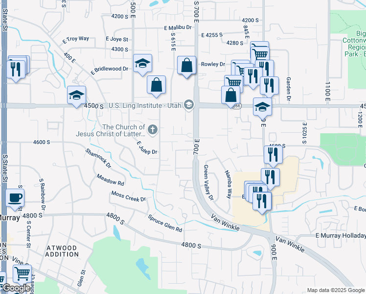 map of restaurants, bars, coffee shops, grocery stores, and more near 640 Brittany Drive in Murray