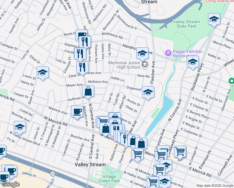 map of restaurants, bars, coffee shops, grocery stores, and more near 58 Carl Street in Valley Stream
