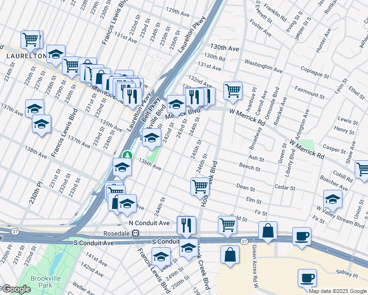 map of restaurants, bars, coffee shops, grocery stores, and more near 244-5 135th Avenue in Queens