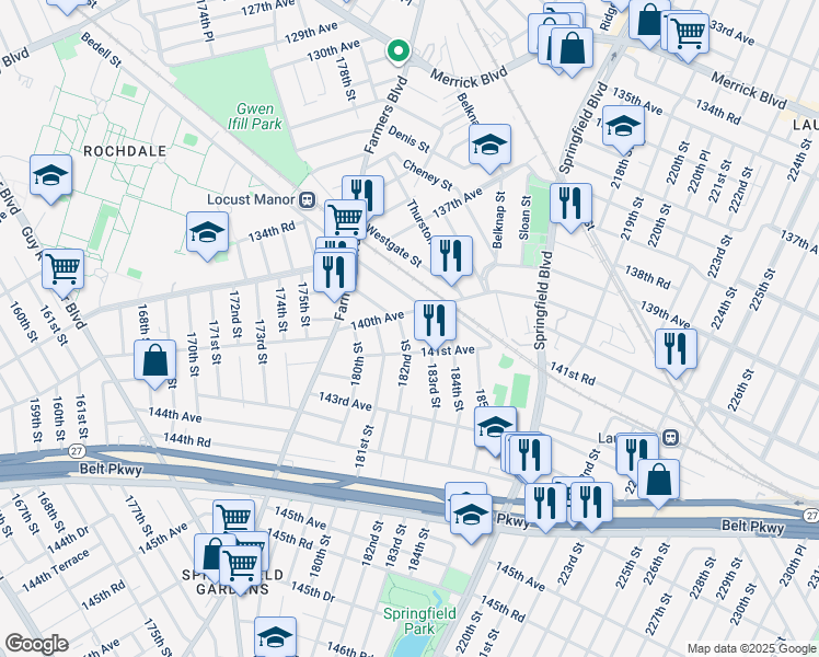 map of restaurants, bars, coffee shops, grocery stores, and more near 140-40 183rd Street in Queens