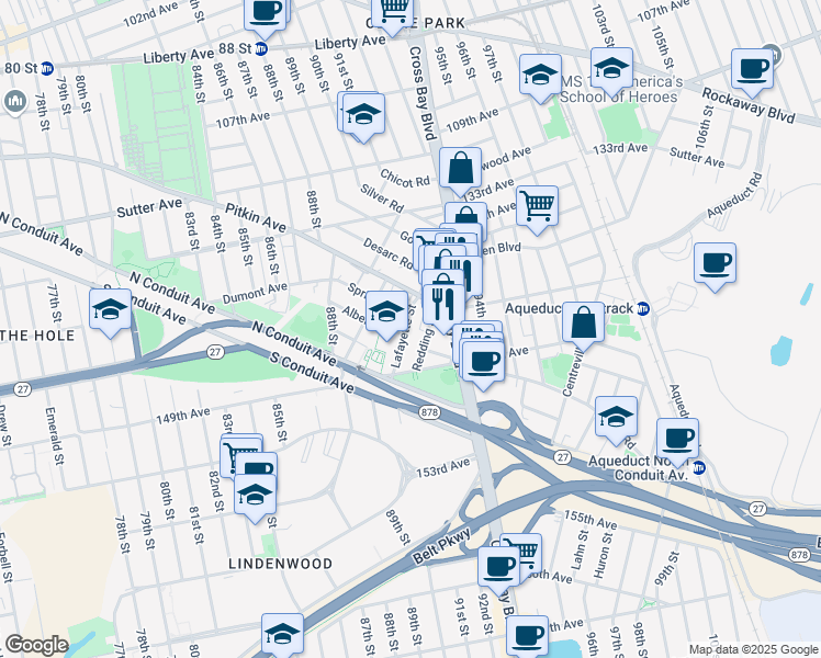 map of restaurants, bars, coffee shops, grocery stores, and more near 138-11 Lafayette Street in Queens