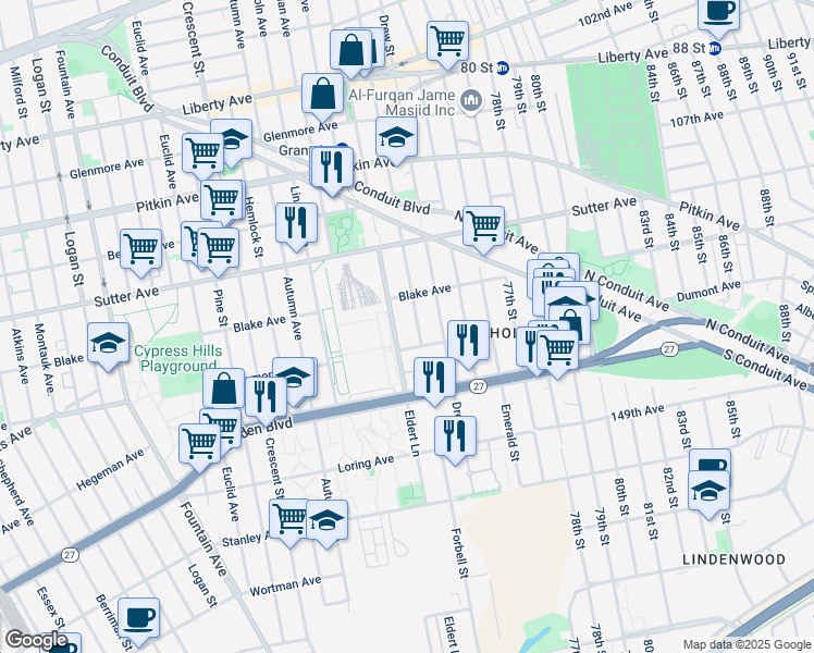 map of restaurants, bars, coffee shops, grocery stores, and more near 790 Eldert Lane in Brooklyn