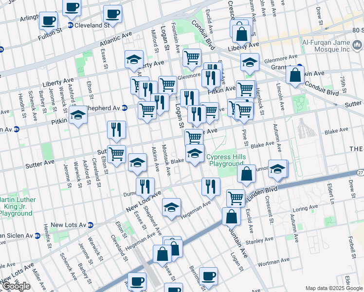 map of restaurants, bars, coffee shops, grocery stores, and more near 615 Logan Street in Brooklyn