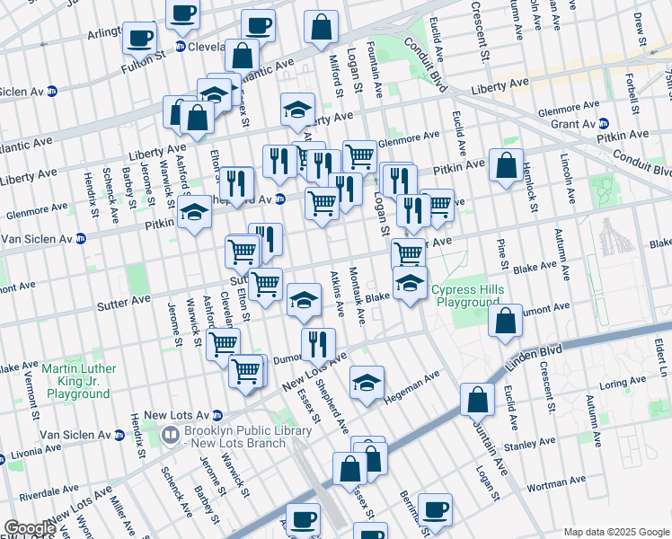 map of restaurants, bars, coffee shops, grocery stores, and more near 319 Atkins Avenue in Brooklyn