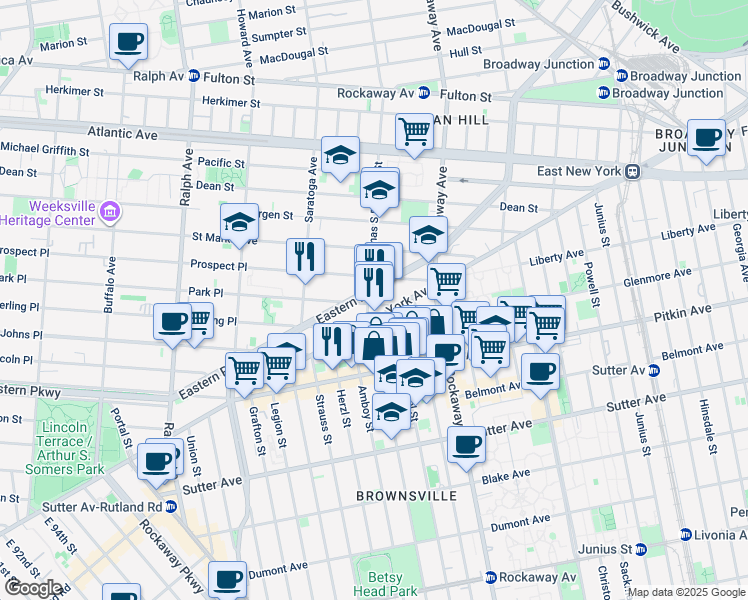 map of restaurants, bars, coffee shops, grocery stores, and more near 1451 East New York Avenue in Brooklyn