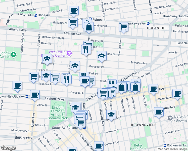 map of restaurants, bars, coffee shops, grocery stores, and more near 1730A Sterling Place in Brooklyn