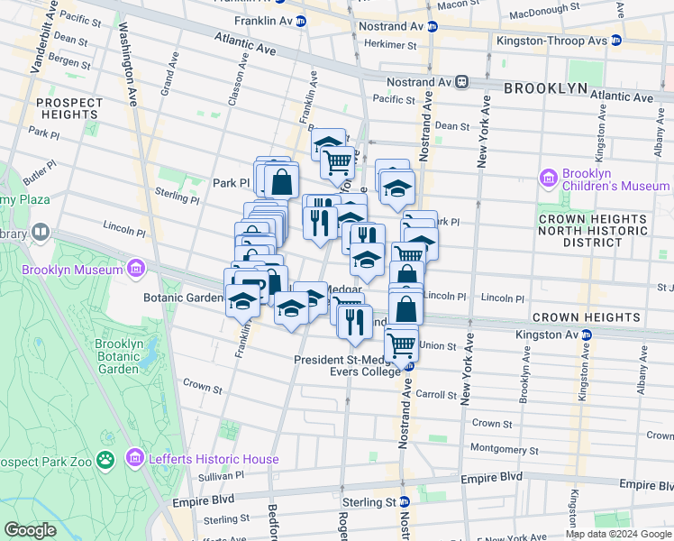 map of restaurants, bars, coffee shops, grocery stores, and more near 661 Lincoln Place in Brooklyn