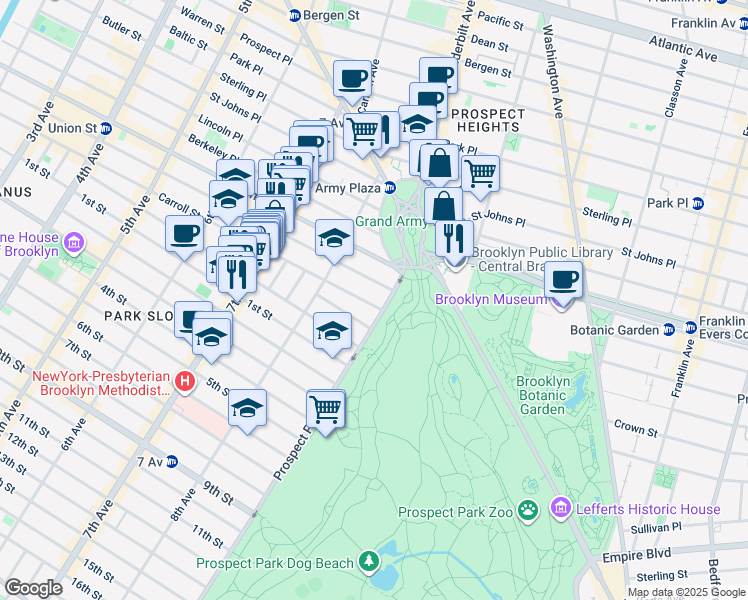 map of restaurants, bars, coffee shops, grocery stores, and more near 21 Prospect Park West in Brooklyn