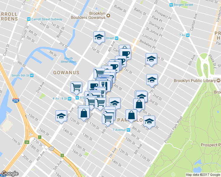 map of restaurants, bars, coffee shops, grocery stores, and more near 339 6th Street in Brooklyn