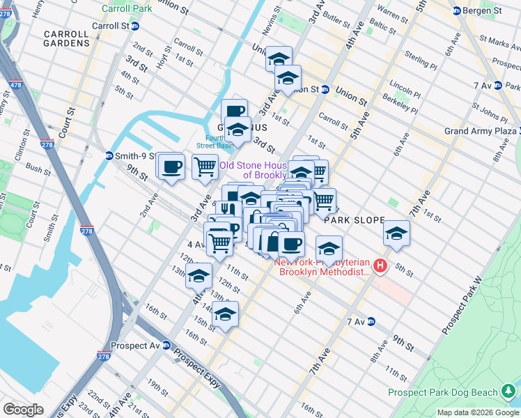 map of restaurants, bars, coffee shops, grocery stores, and more near 225 8th Street in Brooklyn