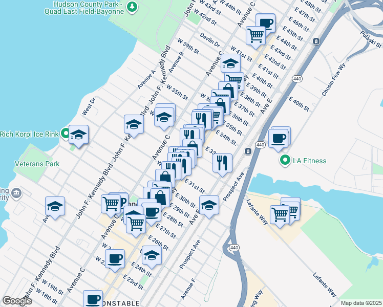 map of restaurants, bars, coffee shops, grocery stores, and more near 702 Broadway in Bayonne