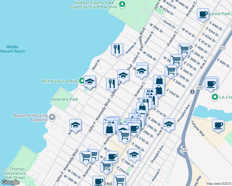 map of restaurants, bars, coffee shops, grocery stores, and more near 96 West 30th Street in Bayonne