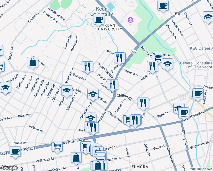 map of restaurants, bars, coffee shops, grocery stores, and more near 618 Floral Avenue in Elizabeth