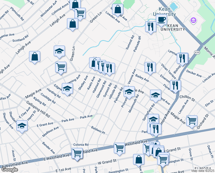 map of restaurants, bars, coffee shops, grocery stores, and more near 210 Hillside Road in Elizabeth
