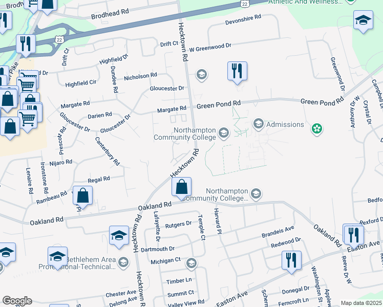 map of restaurants, bars, coffee shops, grocery stores, and more near 3411 Drighton Court in Bethlehem
