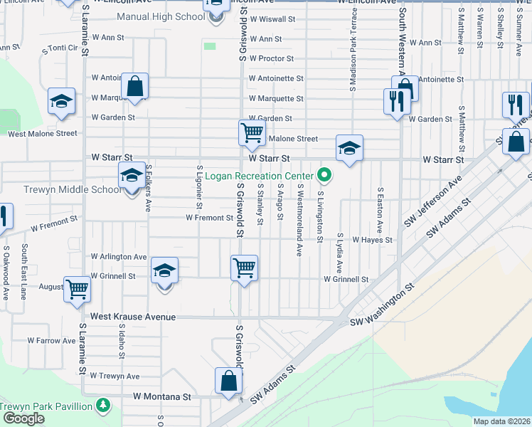 map of restaurants, bars, coffee shops, grocery stores, and more near 1529 South Arago Street in Peoria