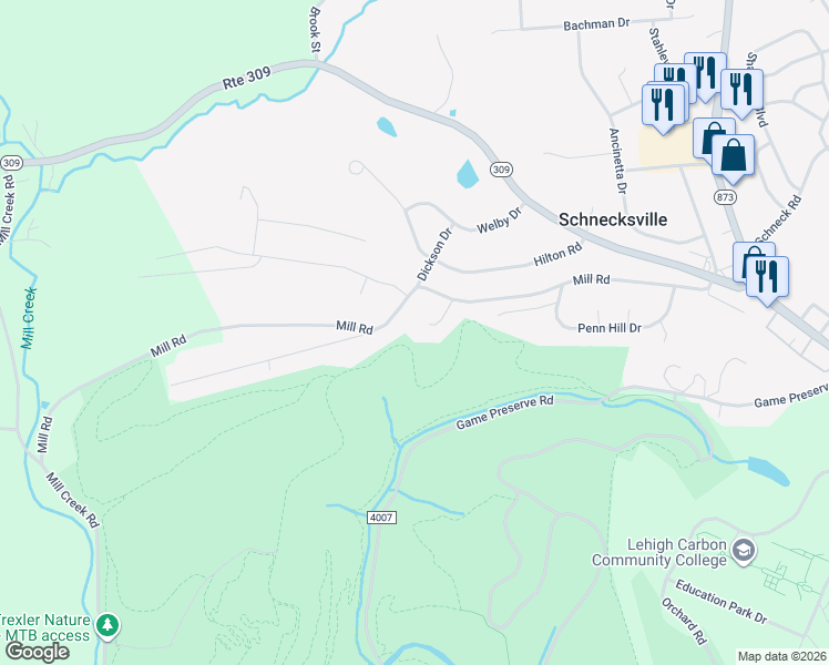 map of restaurants, bars, coffee shops, grocery stores, and more near 5042 Hill Top Ct in Schnecksville