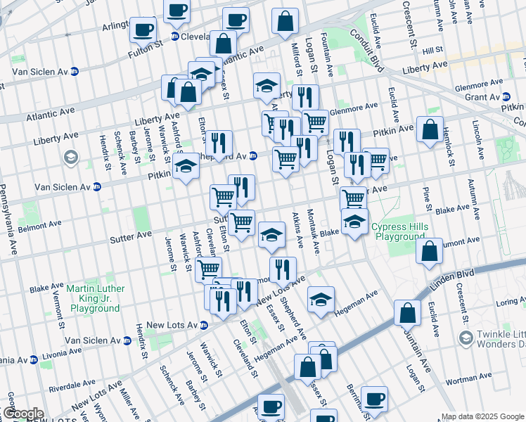 map of restaurants, bars, coffee shops, grocery stores, and more near Shepherd Avenue in Brooklyn