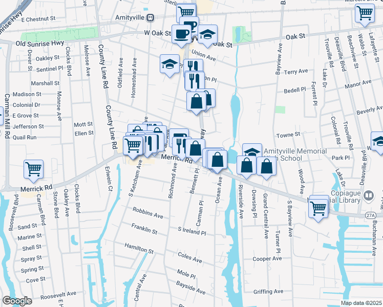map of restaurants, bars, coffee shops, grocery stores, and more near 132 Merrick Road in Amityville