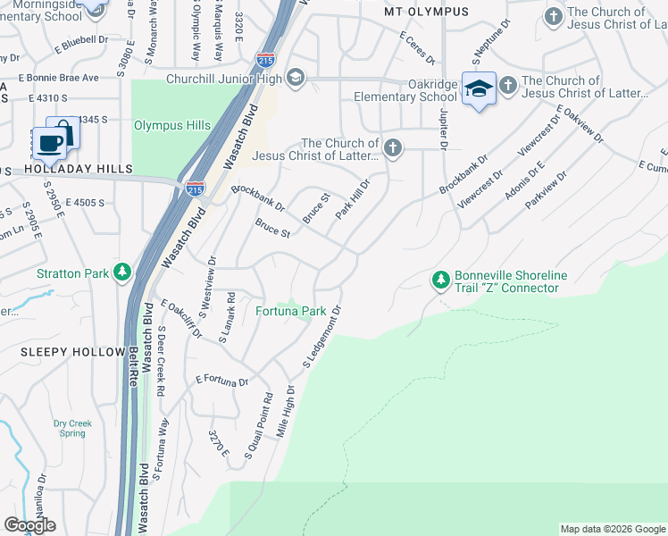 map of restaurants, bars, coffee shops, grocery stores, and more near 4575 South Fortuna Way in Salt Lake City