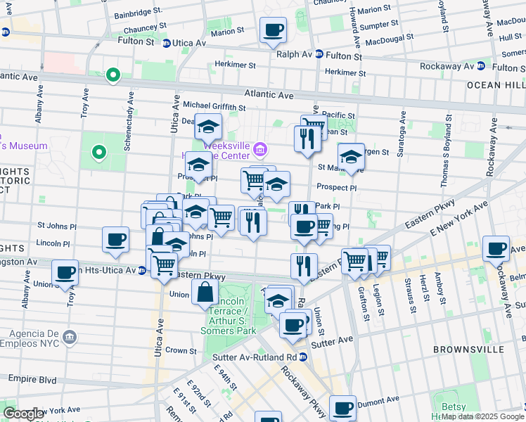 map of restaurants, bars, coffee shops, grocery stores, and more near 1647 Sterling Place in Brooklyn