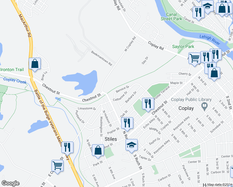 map of restaurants, bars, coffee shops, grocery stores, and more near 1073 Bernice Drive in Coplay
