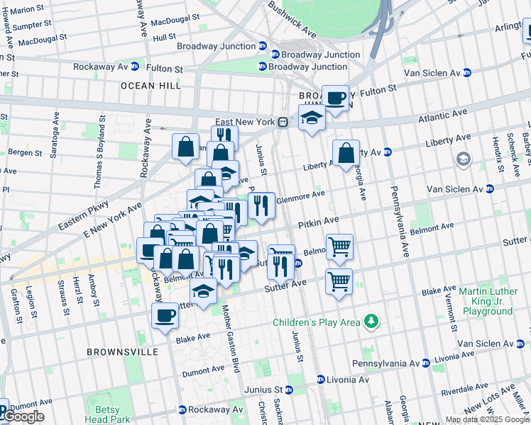 map of restaurants, bars, coffee shops, grocery stores, and more near 1883 Pitkin Avenue in Brooklyn