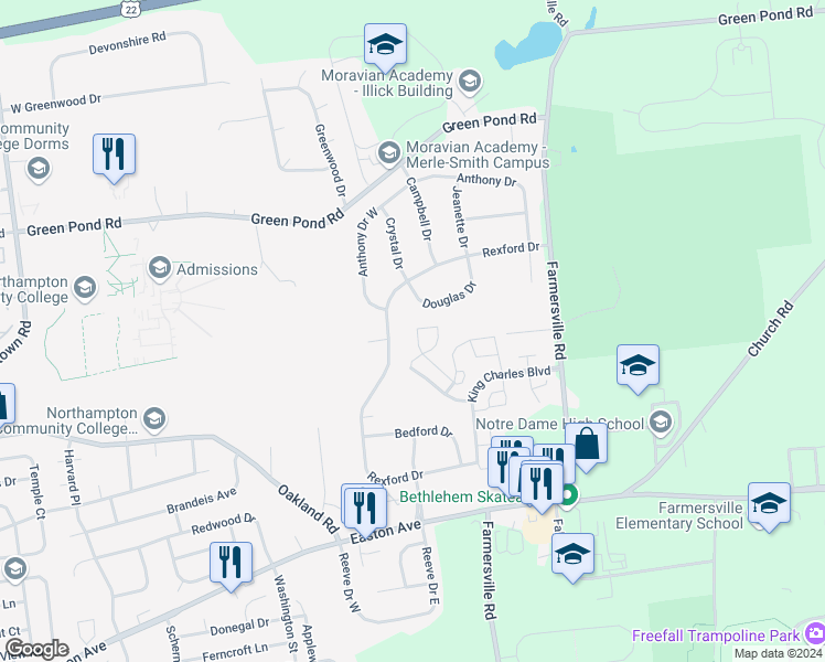 map of restaurants, bars, coffee shops, grocery stores, and more near 111 Independence Court in Bethlehem