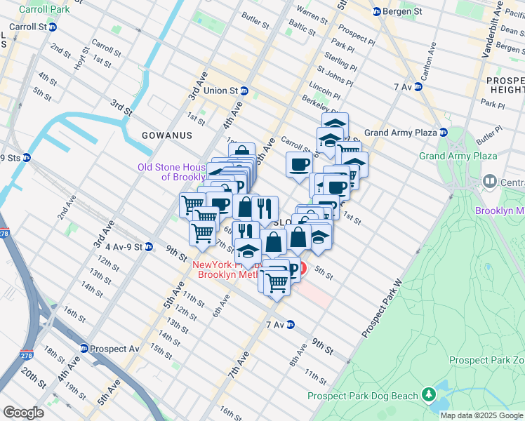 map of restaurants, bars, coffee shops, grocery stores, and more near 363 4th Street in Brooklyn
