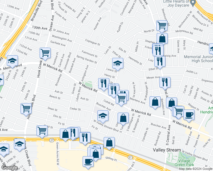 map of restaurants, bars, coffee shops, grocery stores, and more near 127 Casper Street in Valley Stream