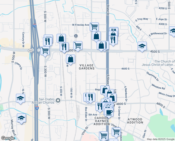 map of restaurants, bars, coffee shops, grocery stores, and more near 4617 Box Elder Street in Murray