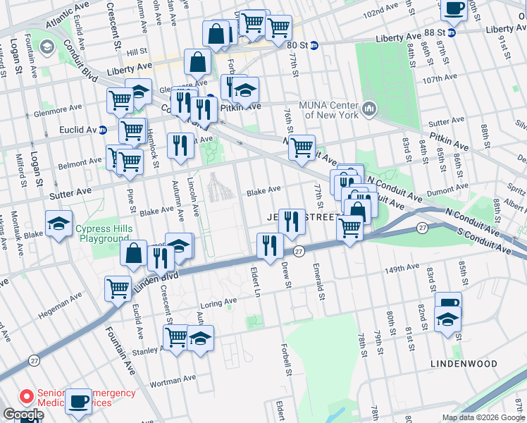map of restaurants, bars, coffee shops, grocery stores, and more near 1518 Dumont Avenue in Brooklyn