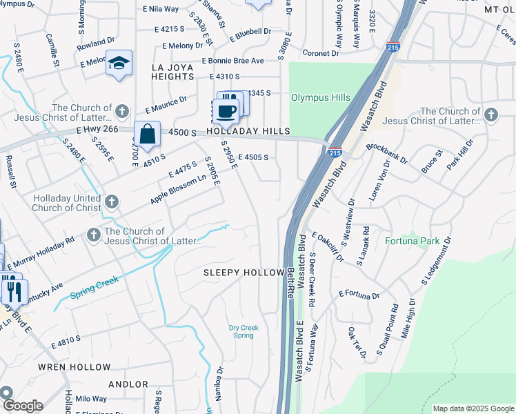 map of restaurants, bars, coffee shops, grocery stores, and more near 4579 Wallace Lane in Holladay