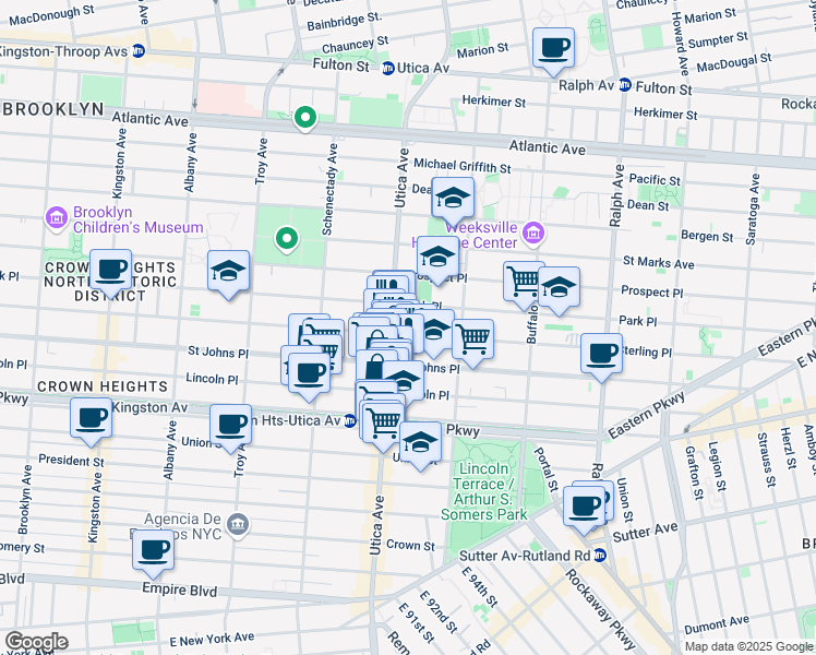 map of restaurants, bars, coffee shops, grocery stores, and more near 1459 Sterling Place in Brooklyn